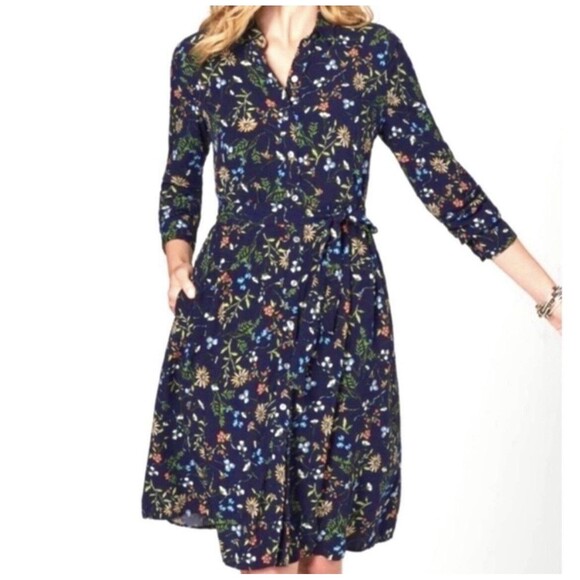 J. Jill Floral Print Button Front Shirt Midi Dress XS Petites Navy Blue Belted - Picture 1 of 14